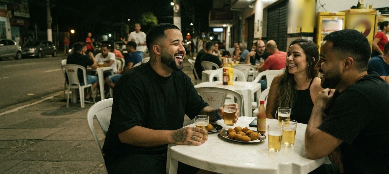 Lucas rindo com amigos numa mesa de boteco (ilustração)