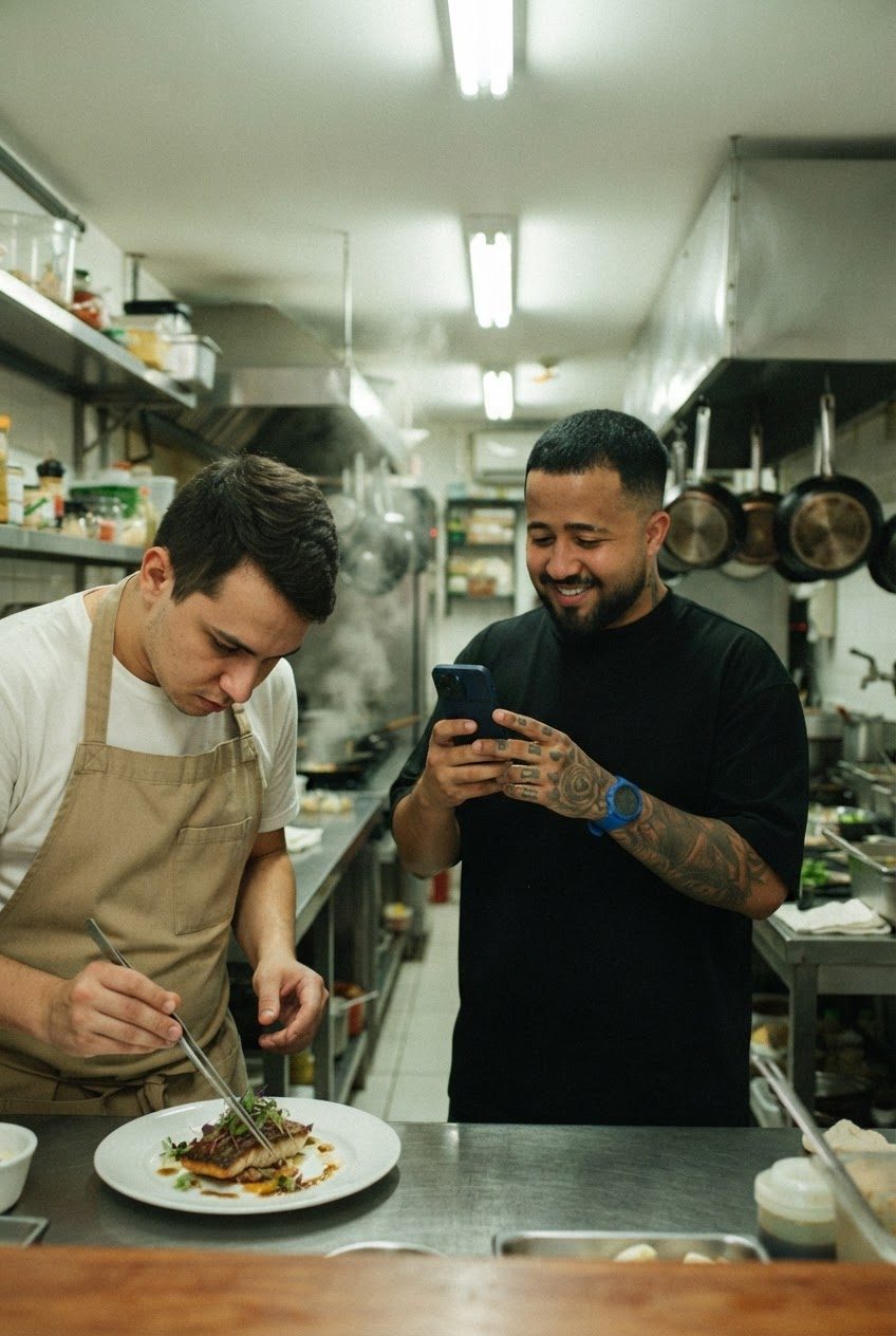 Lucas filmando um cozinheiro montando o prato (ilustração)