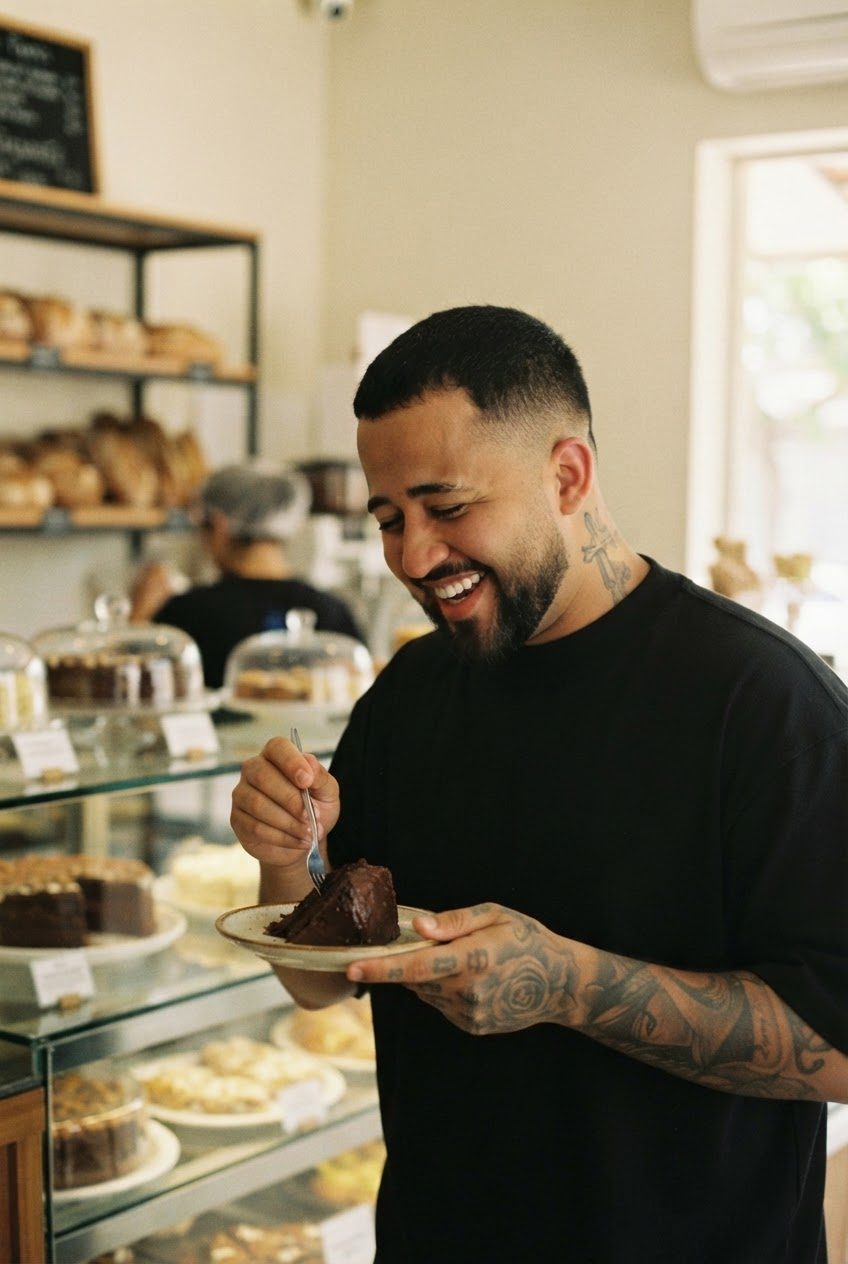 Lucas rindo com uma fatia de bolo de chocolate numa padaria (ilustração)