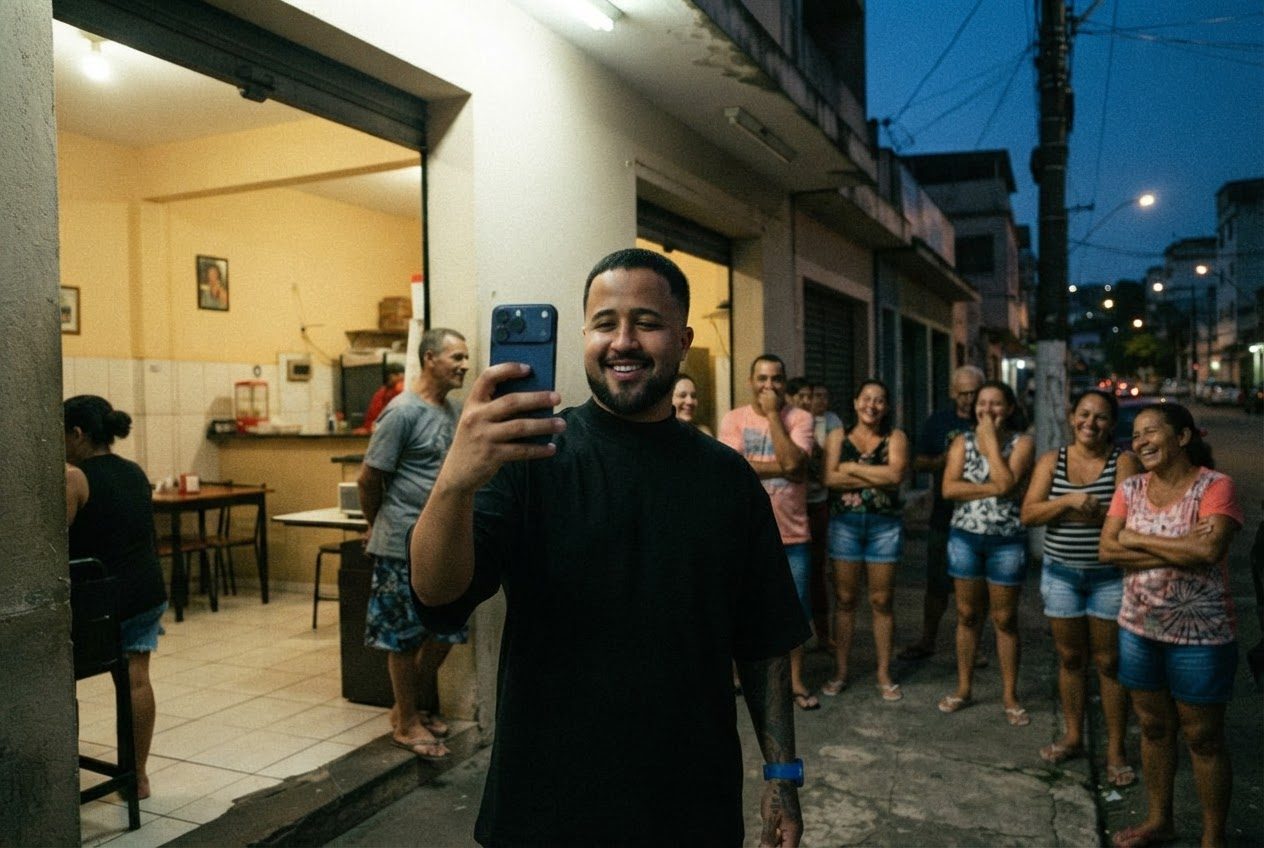 Lucas filmando na porta de um restaurante de bairro, com gente esperando na calçada (ilustração)